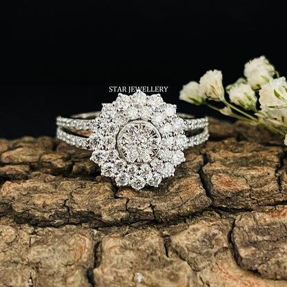 1.0 Ct Natural Diamond Cluster Double Halo Engagement Ring