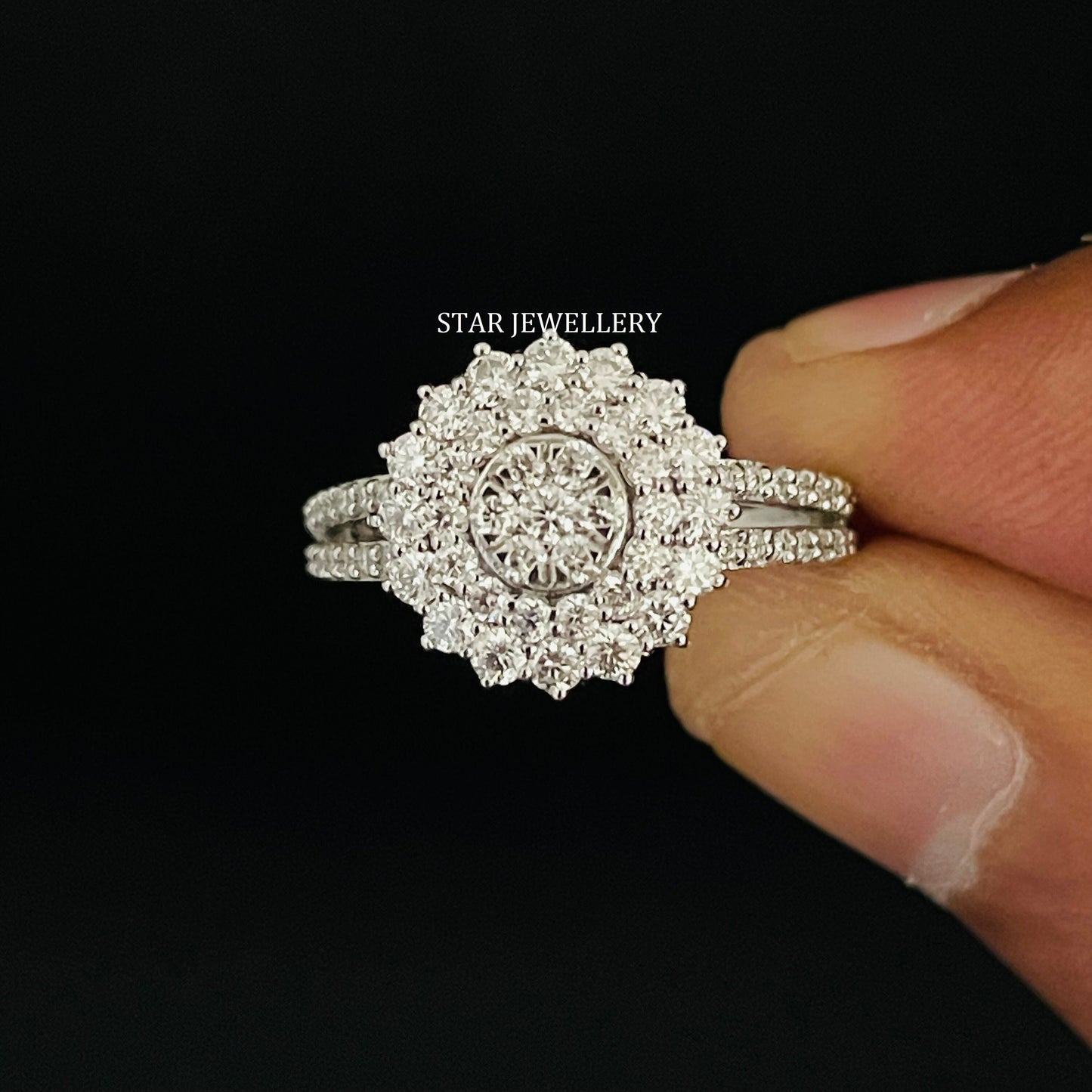 1.0 Ct Natural Diamond Cluster Double Halo Engagement Ring
