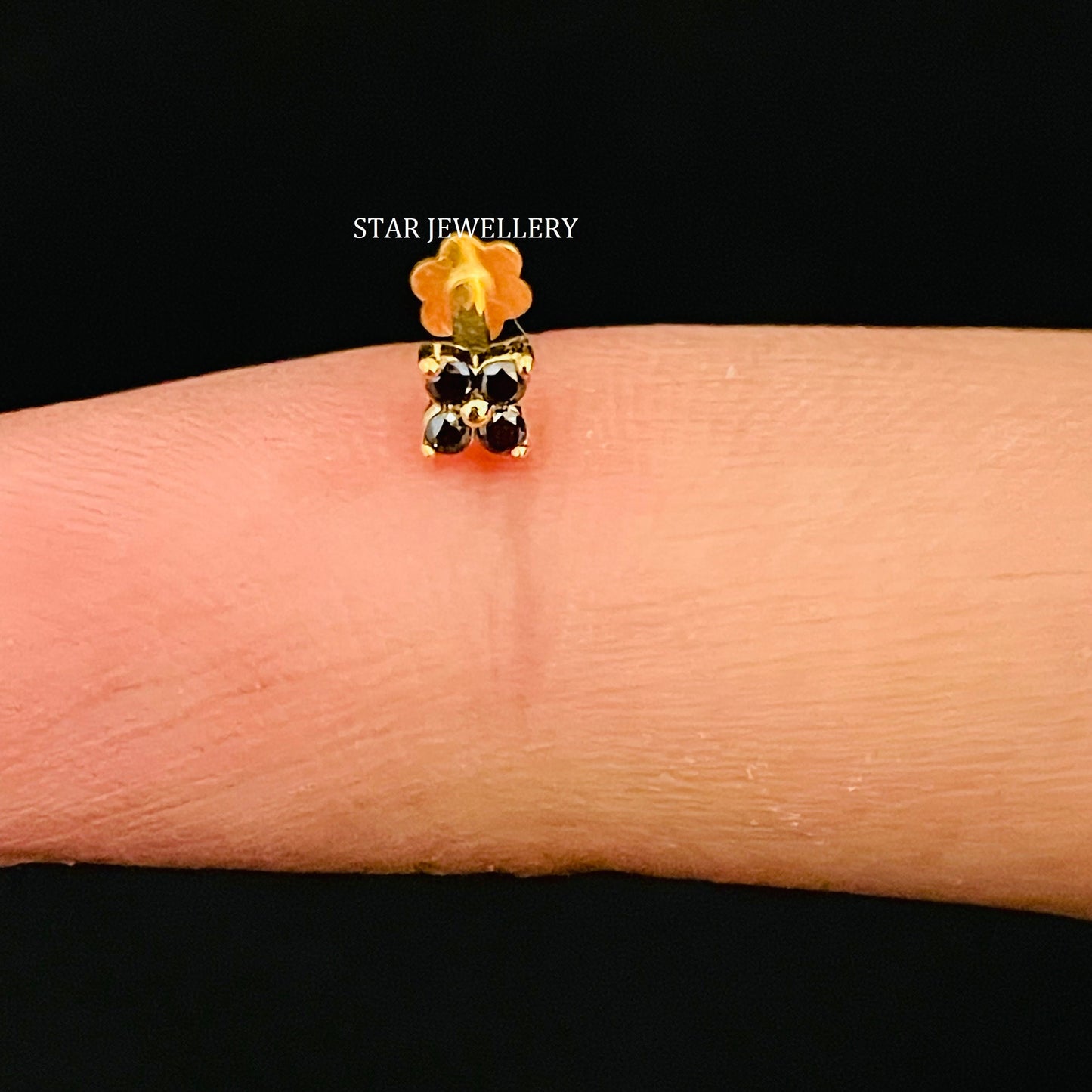 Natural Black Diamond Four Stone Stud for Tragus, Lobe, Conch