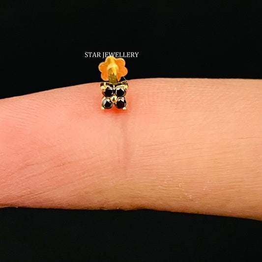 Natural Black Diamond Four Stone Stud for Tragus, Lobe, Conch