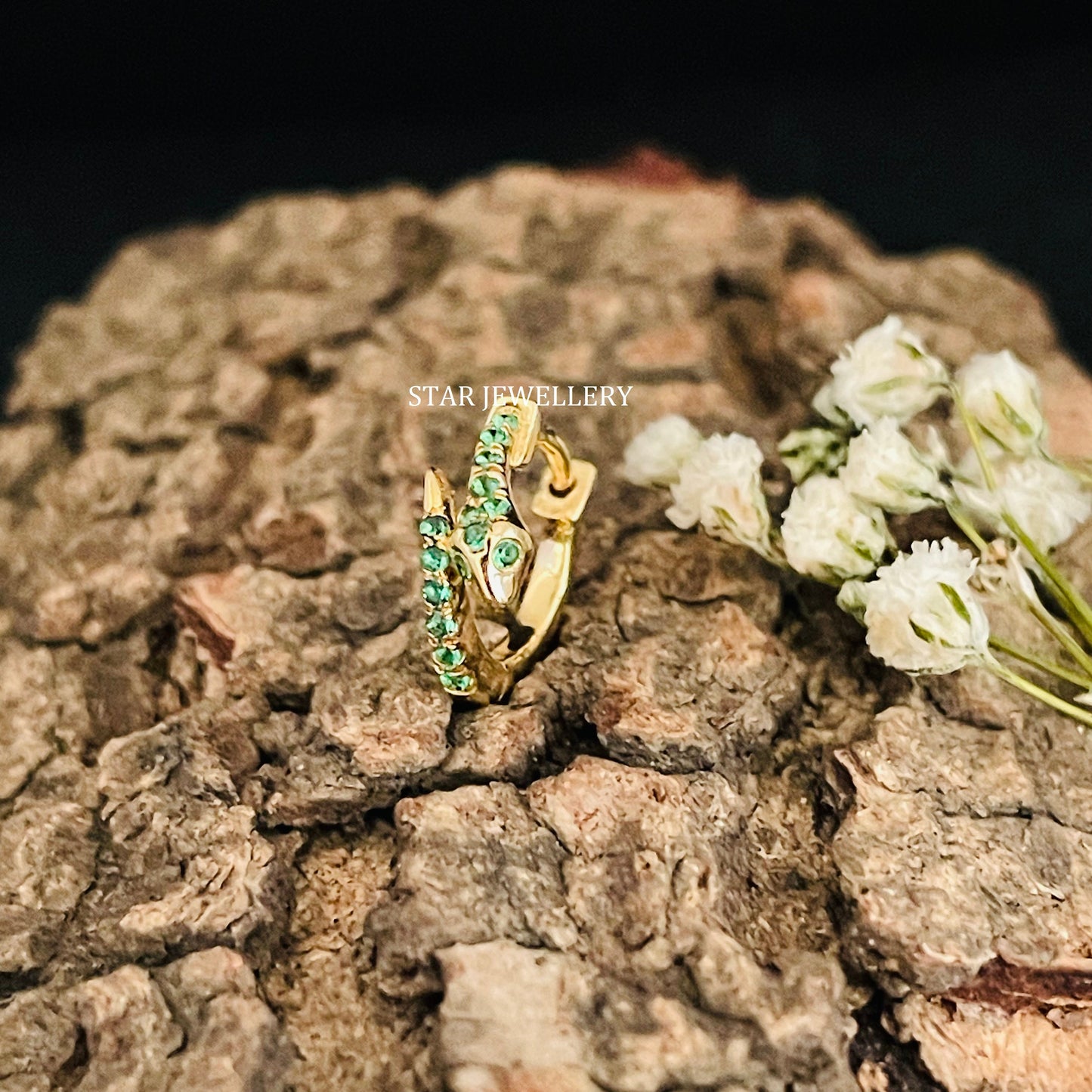 14K Solid Gold CZ Emerald Snake Nose Ring