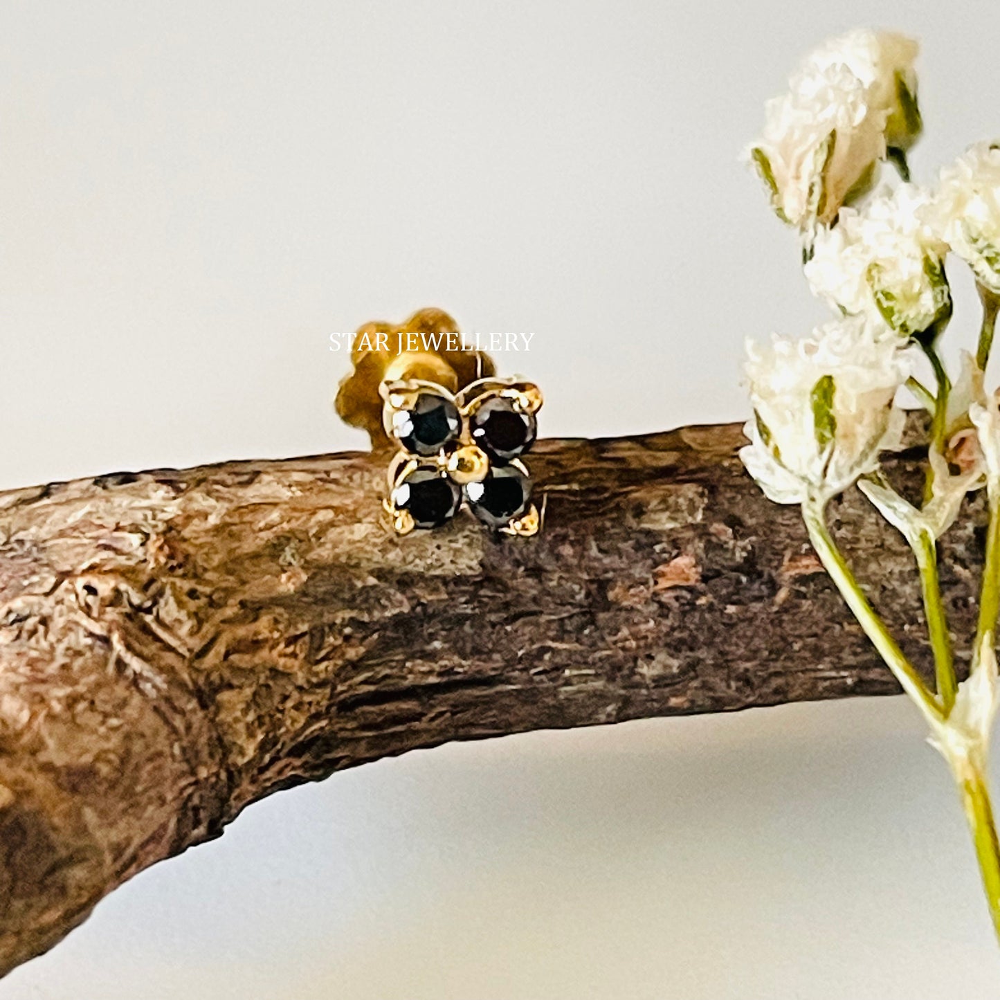 Natural Black Diamond Four Stone Stud for Tragus, Lobe, Conch