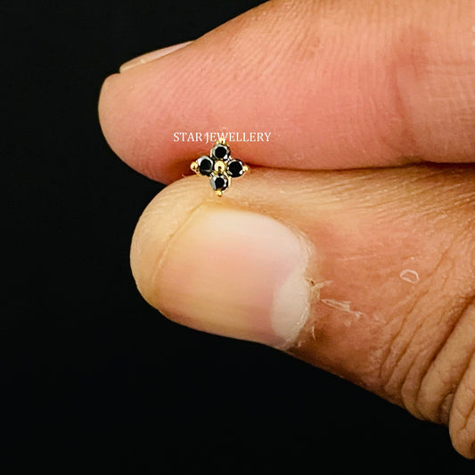 Natural Black Diamond Four Stone Stud for Tragus, Lobe, Conch