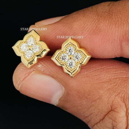 14K Solid Gold Four Stone Natural Diamond Earring