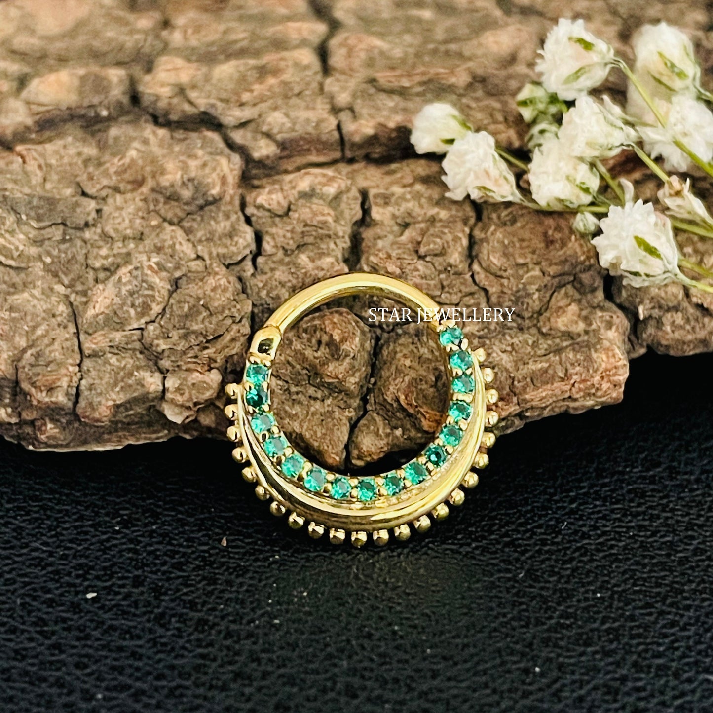 14K Gold Green CZ Diamond Septum Nose Ring