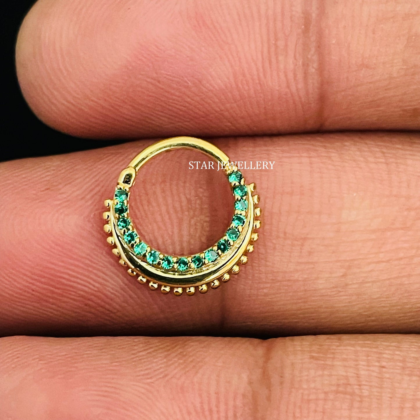 14K Gold Green CZ Diamond Septum Nose Ring