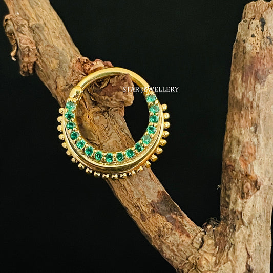 14K Gold Green CZ Diamond Septum Nose Ring