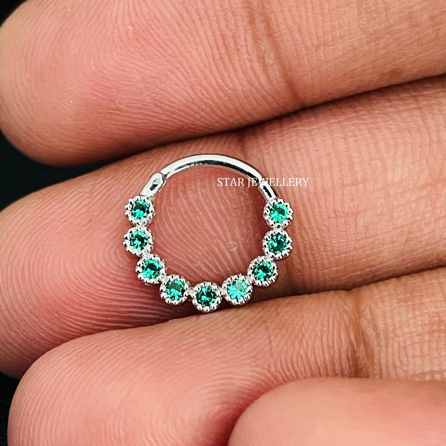 Bezel Set Miligrain CZ Green Diamond Daith Piercing
