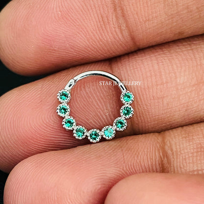 Bezel Set Miligrain CZ Green Diamond Daith Piercing