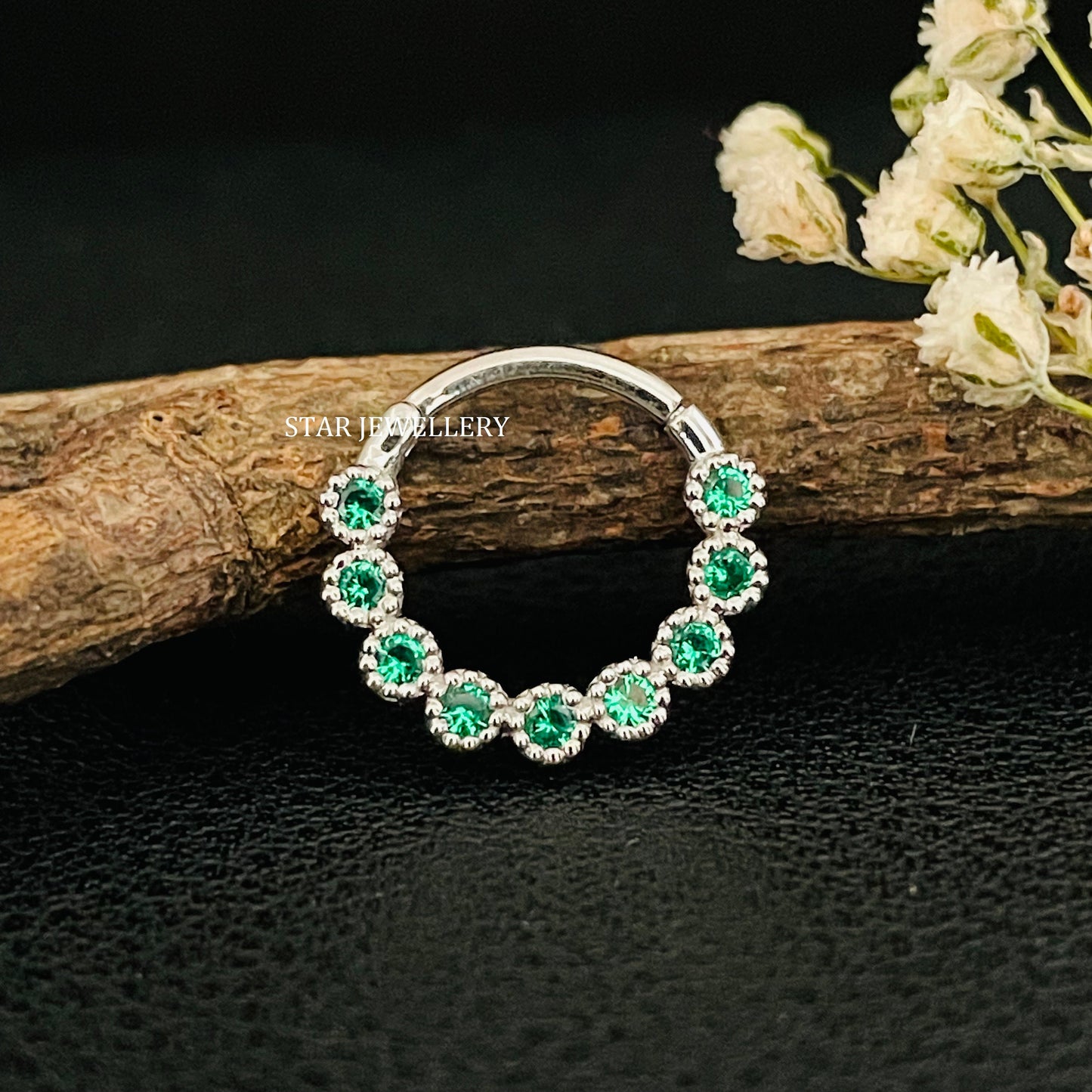 Bezel Set Miligrain CZ Green Diamond Daith Piercing