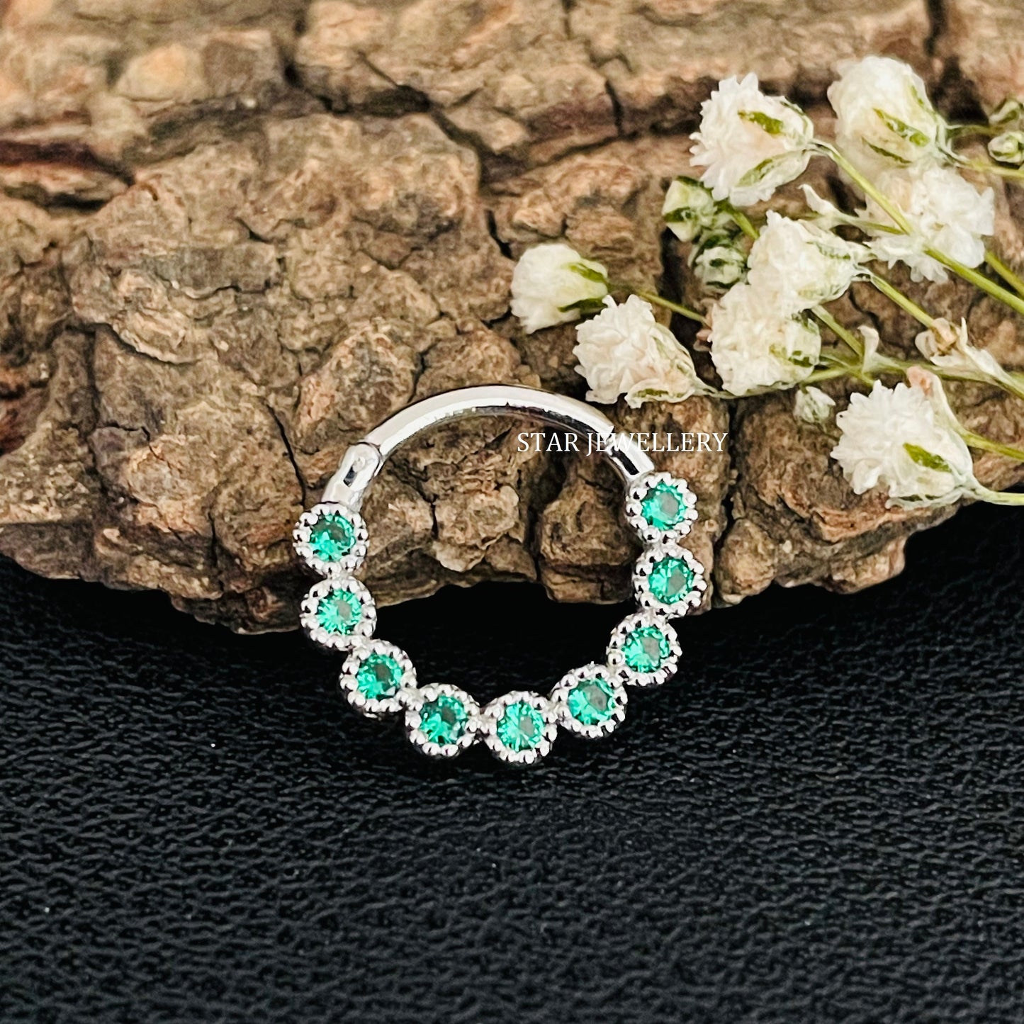 Bezel Set Miligrain CZ Green Diamond Daith Piercing