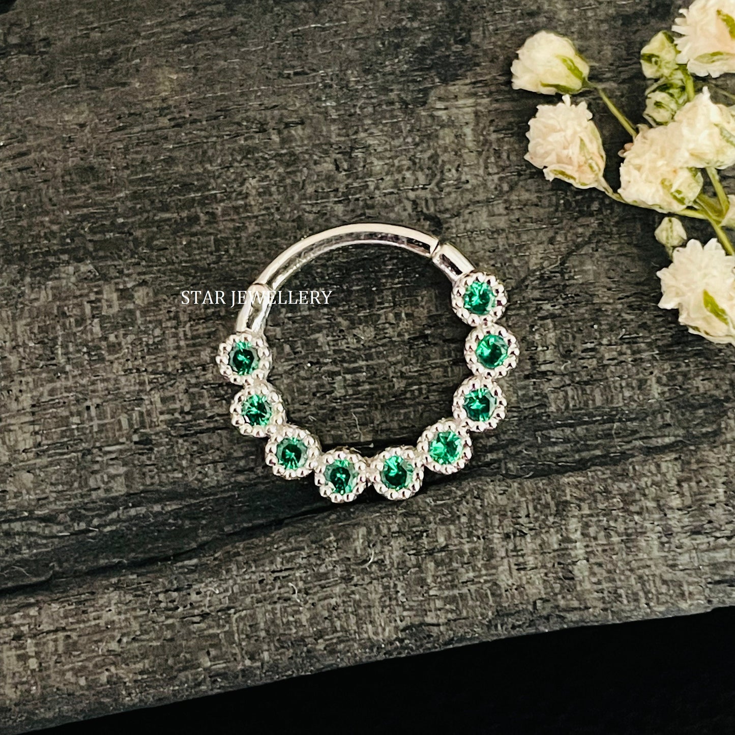 Bezel Set Miligrain CZ Green Diamond Daith Piercing