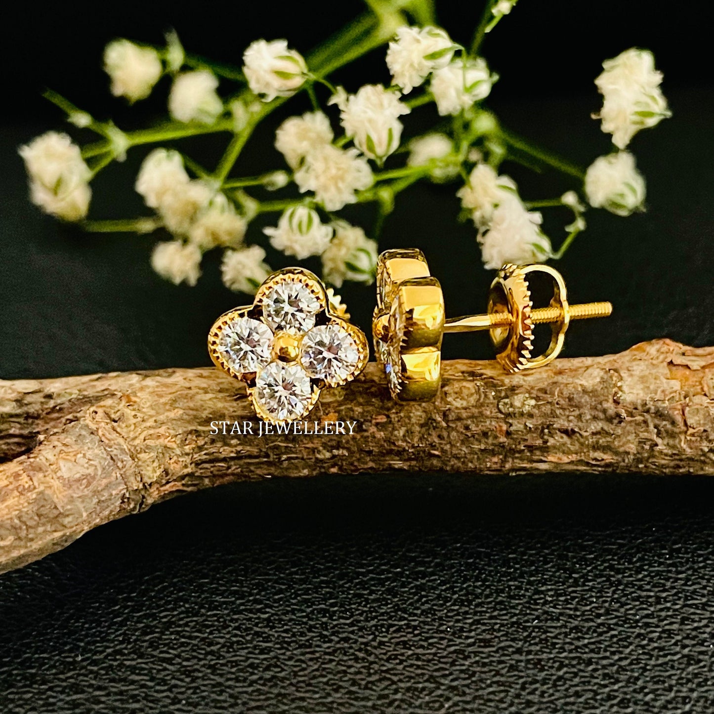 14K Solid Gold Four Stone Moissanite Diamond Earring