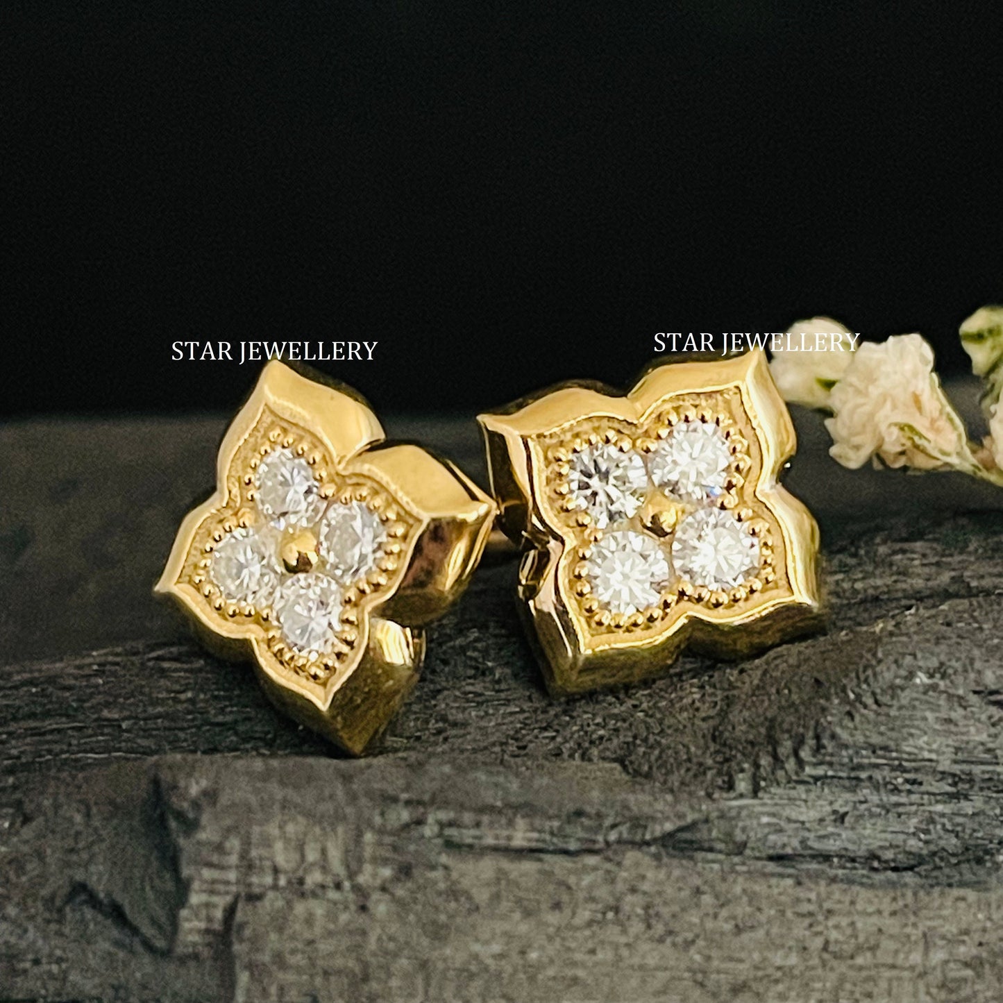 14K Solid Gold Four Stone Natural Diamond Earring