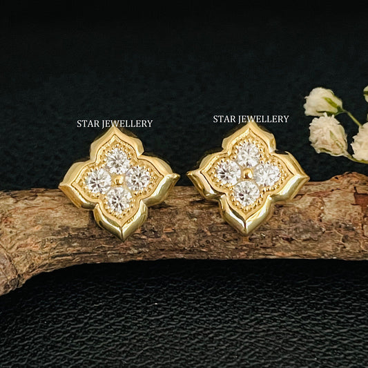 14K Solid Gold Four Stone Natural Diamond Earring