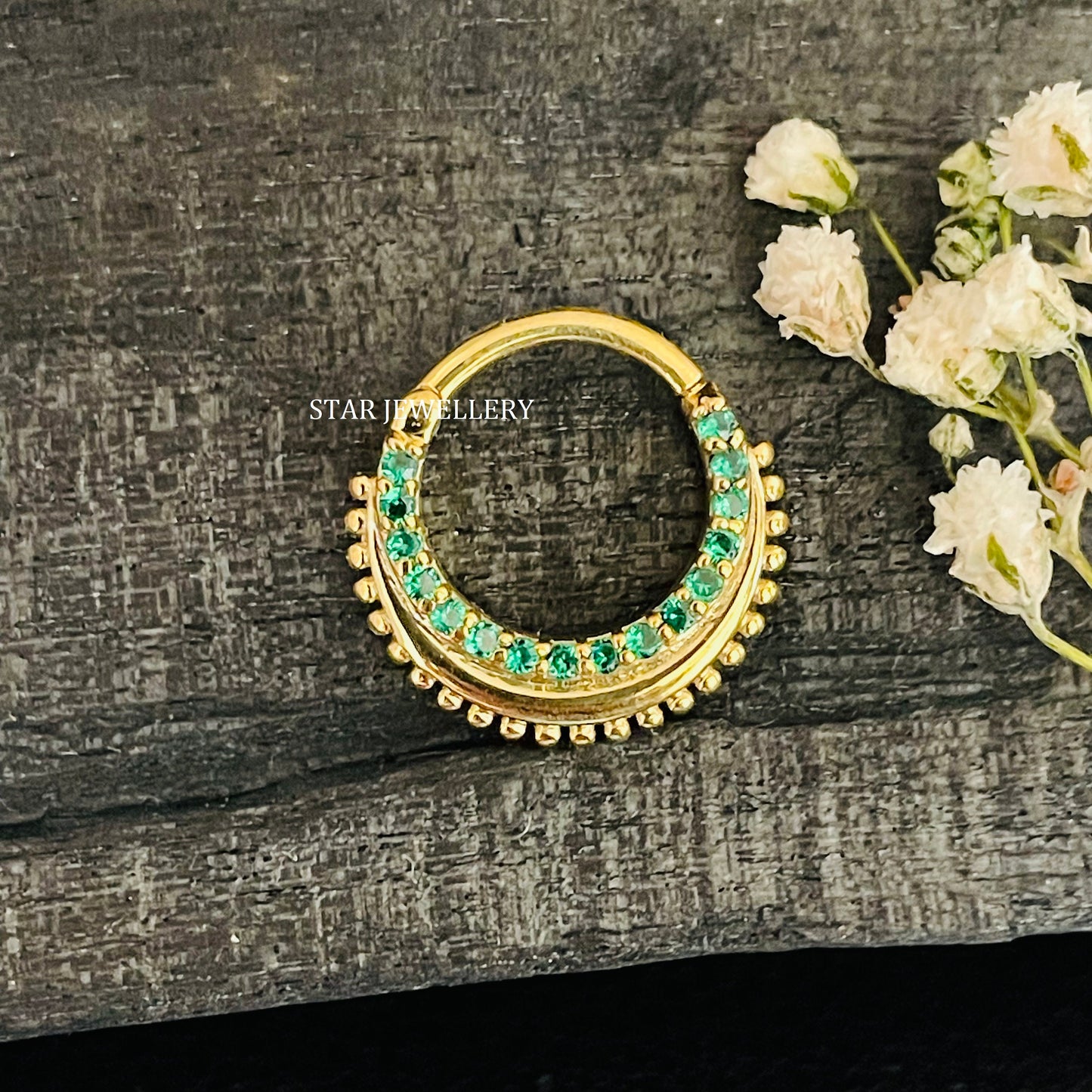 14K Gold Green CZ Diamond Septum Nose Ring