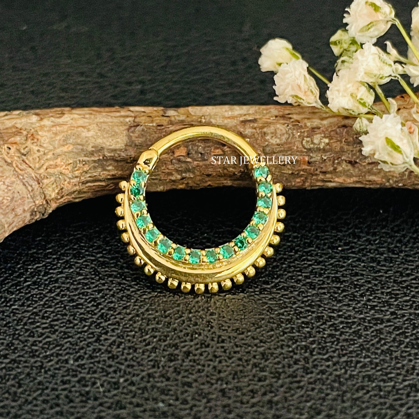 14K Gold Green CZ Diamond Septum Nose Ring