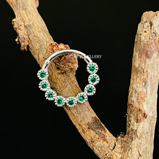 Bezel Set Miligrain CZ Green Diamond Daith Piercing