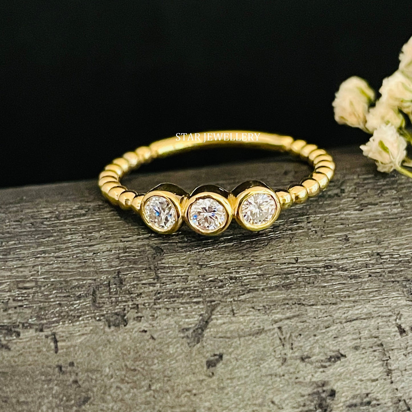 Bezel Set Three Stone Natural Diamond Beaded Shank Diamond Ring