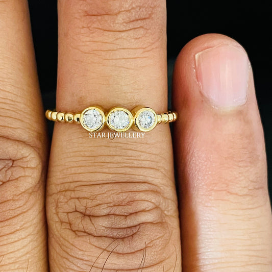 Bezel Set Three Stone Natural Diamond Beaded Shank Diamond Ring