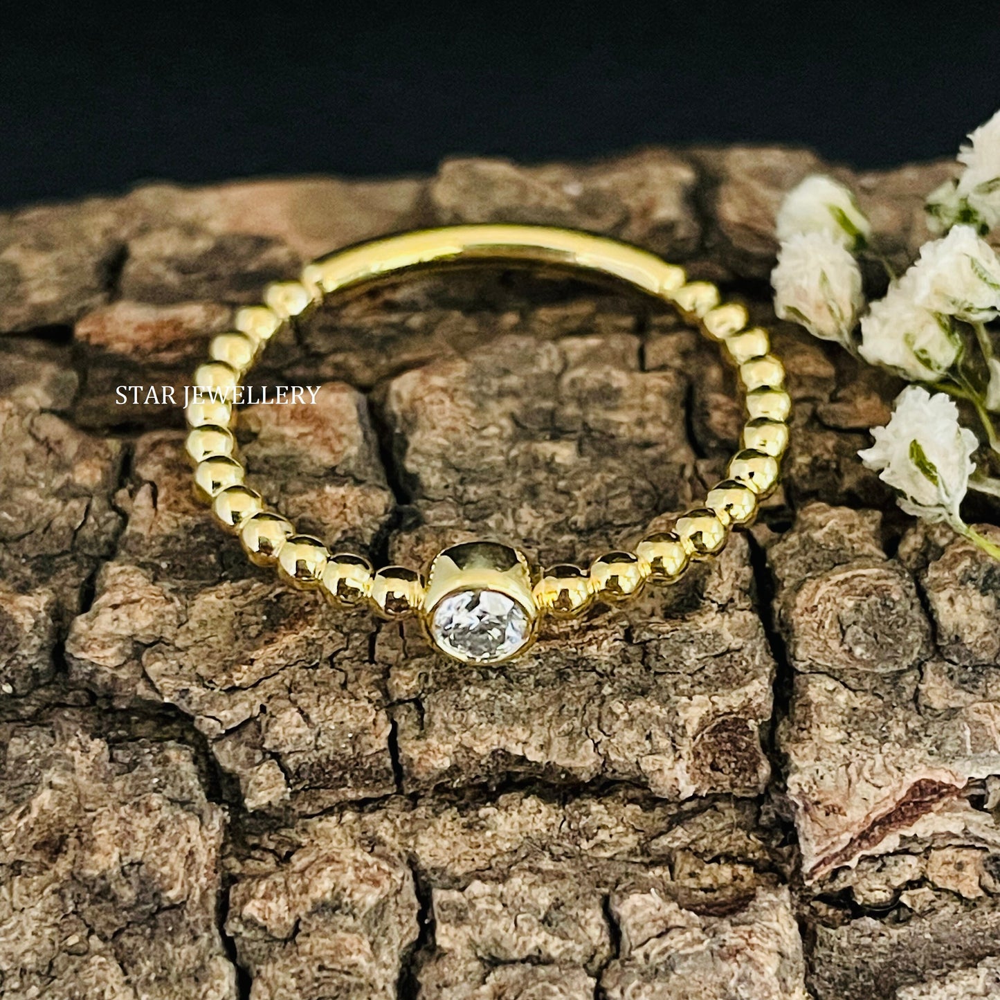 Bezel Set Single Stone Natural Diamond Beaded Shank Diamond Ring