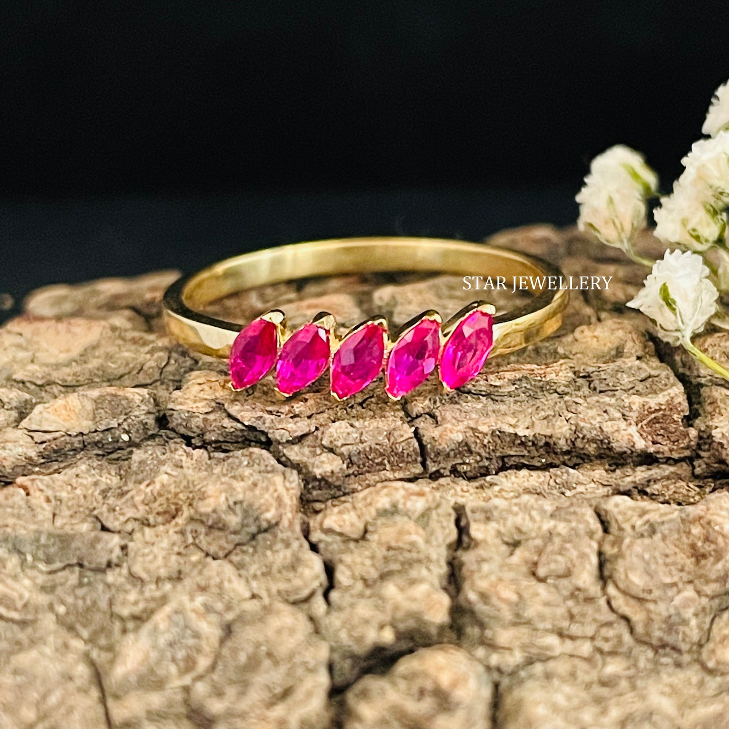 Marquise Shape Five Stone Natural Ruby Ring
