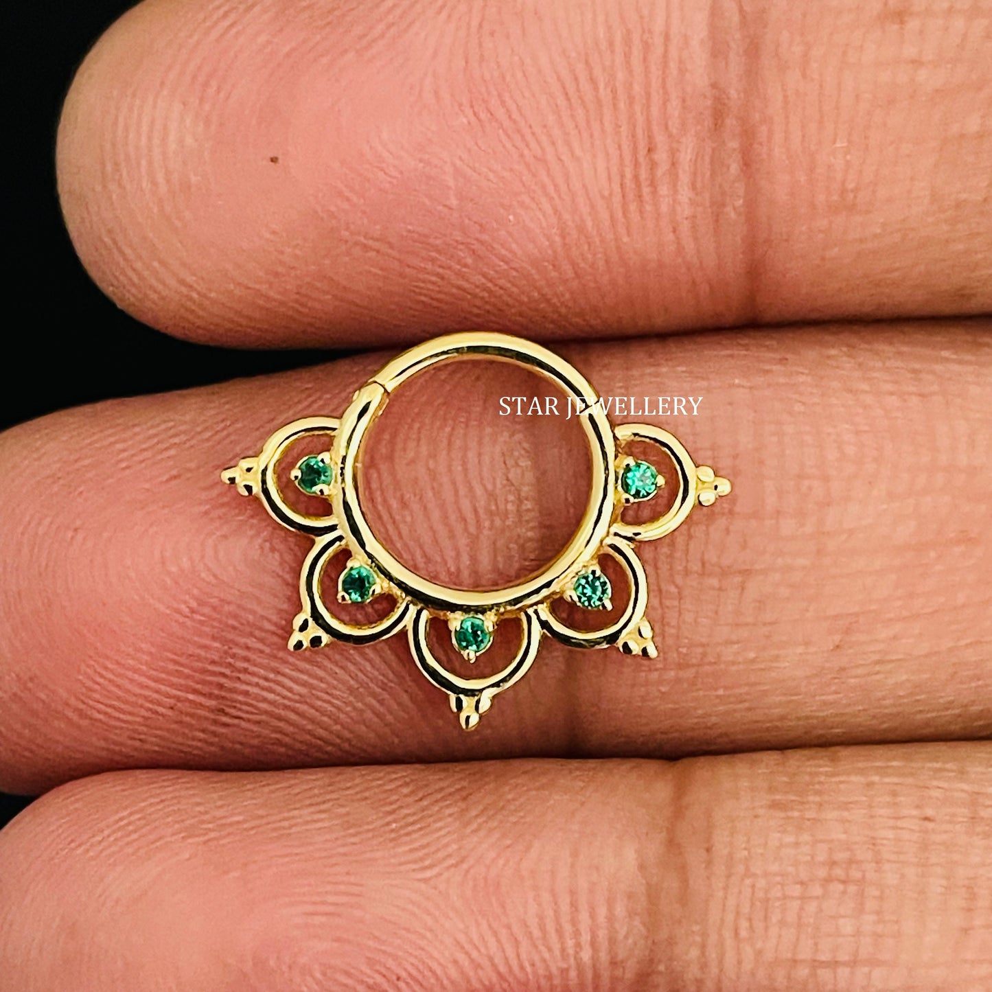 14K Solid Gold CZ Green Diamond Daith Piercing