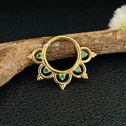 14K Solid Gold CZ Green Diamond Daith Piercing