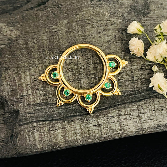 14K Solid Gold CZ Green Diamond Daith Piercing