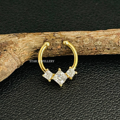 Genuine Princess Cut Diamond Trio Stone Fake Septum Clicker
