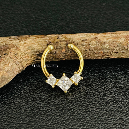 Genuine Princess Cut Diamond Trio Stone Fake Septum Clicker