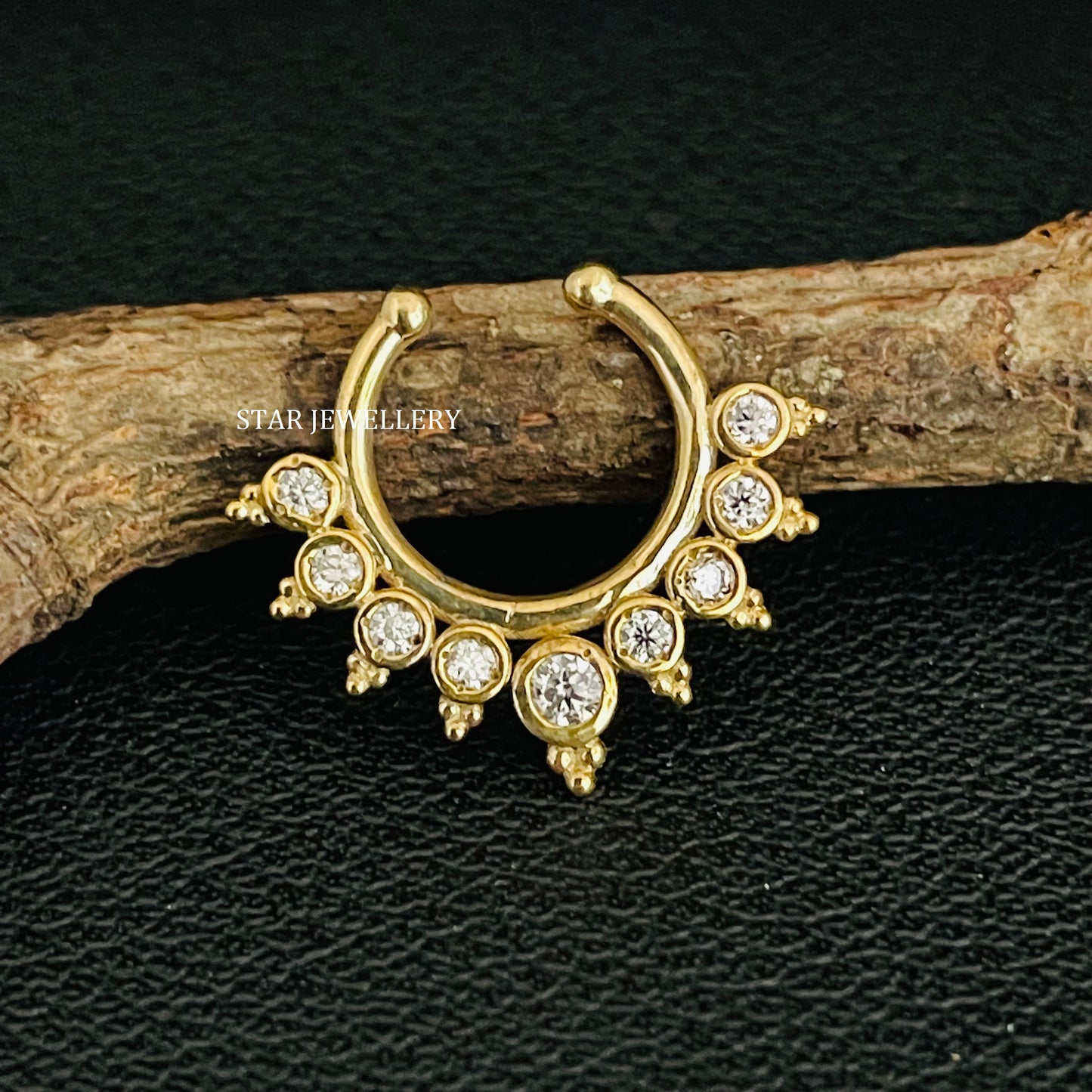 14K Solid Gold Bezel Set Natural Diamond Fake Daith Clicker