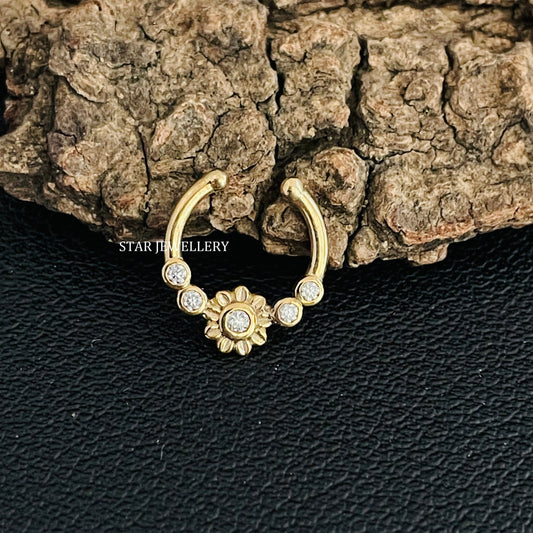 Bezel Set Natural Diamond Flower Fake Daith Piercing