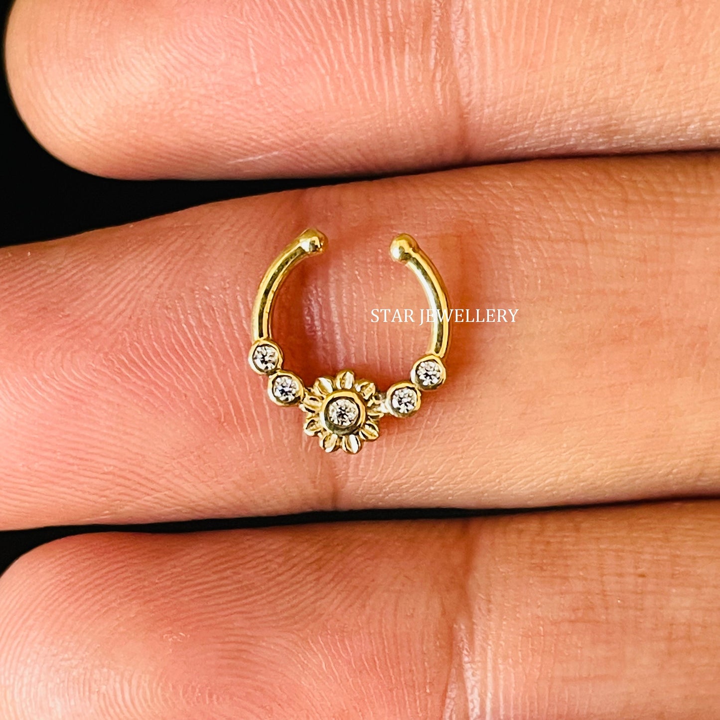 Bezel Set Natural Diamond Flower Fake Daith Piercing