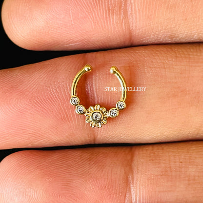 Bezel Set Natural Diamond Flower Fake Daith Piercing