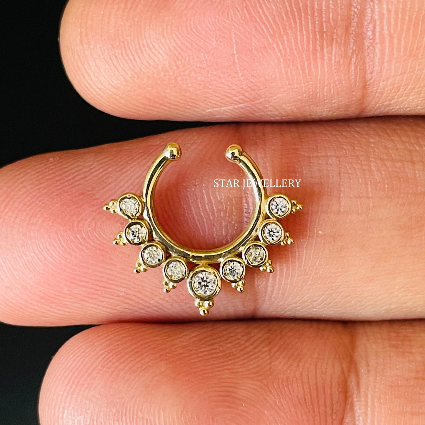 14K Solid Gold Bezel Set Natural Diamond Fake Daith Clicker