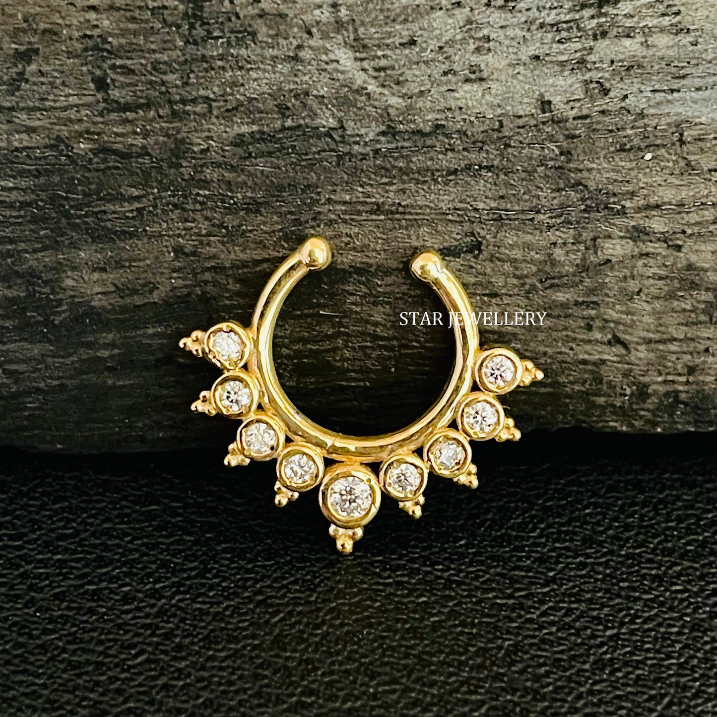 14K Solid Gold Bezel Set Natural Diamond Fake Daith Clicker