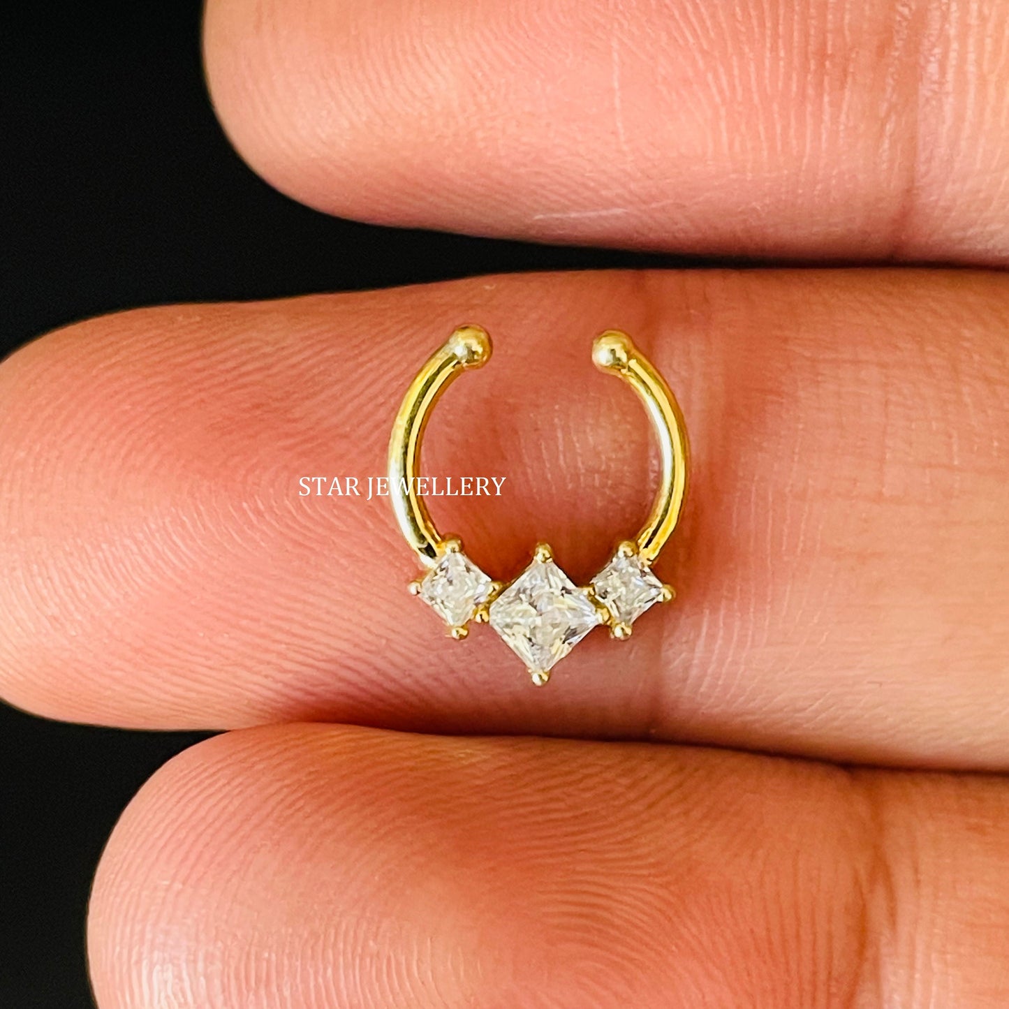 Genuine Princess Cut Diamond Trio Stone Fake Septum Clicker