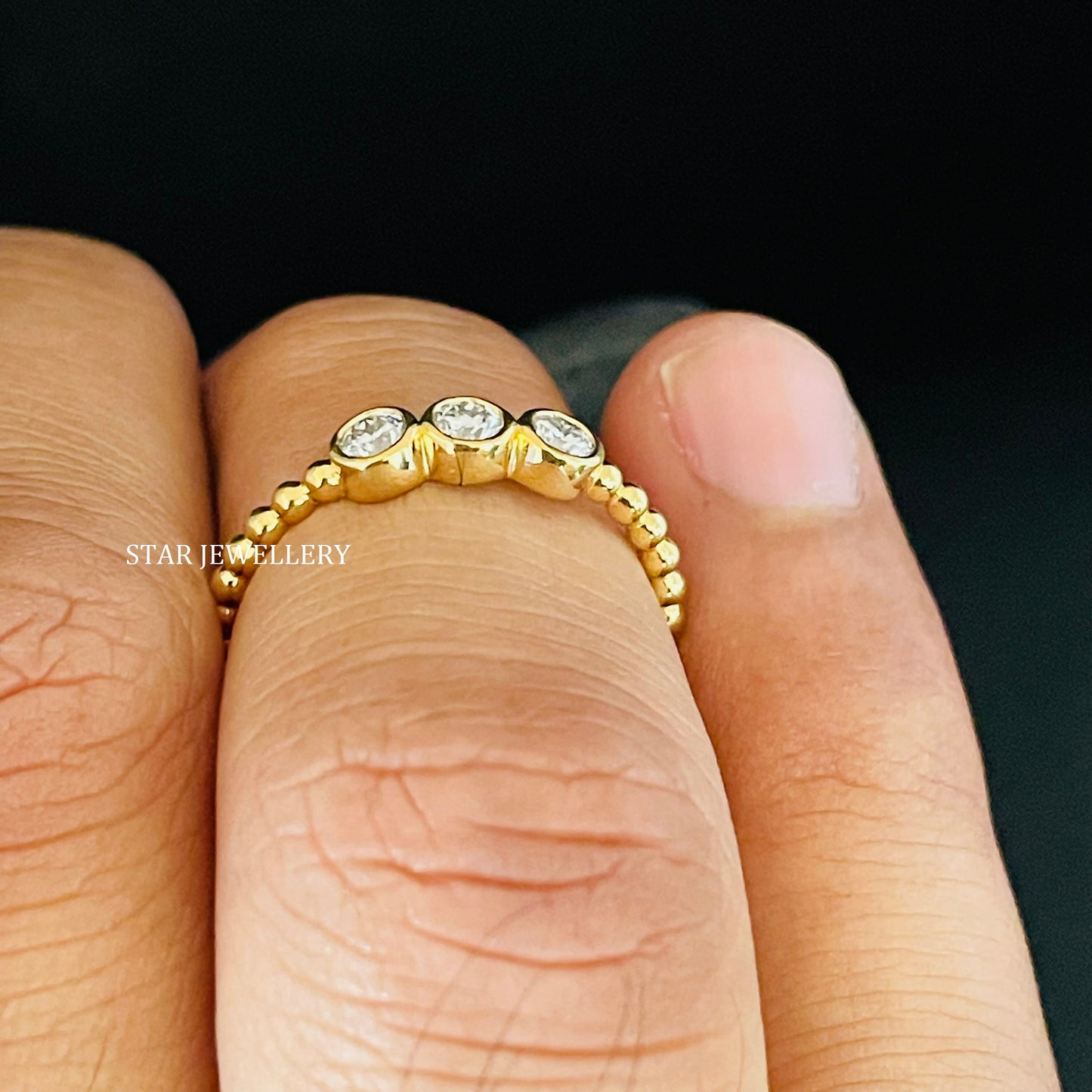 Bezel Set Three Stone Natural Diamond Beaded Shank Diamond Ring