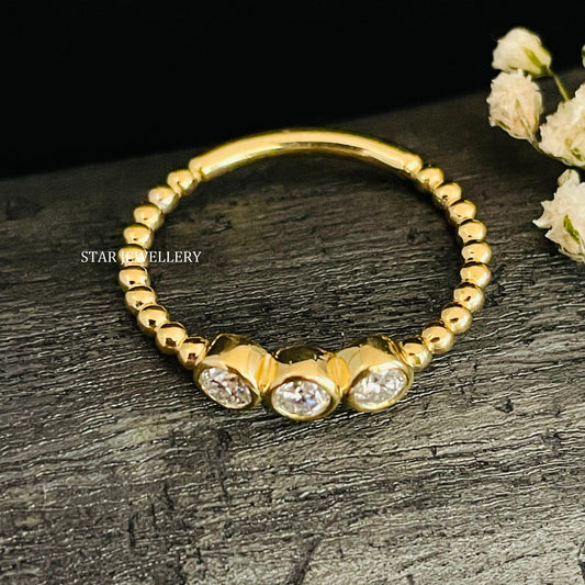 Bezel Set Three Stone Natural Diamond Beaded Shank Diamond Ring