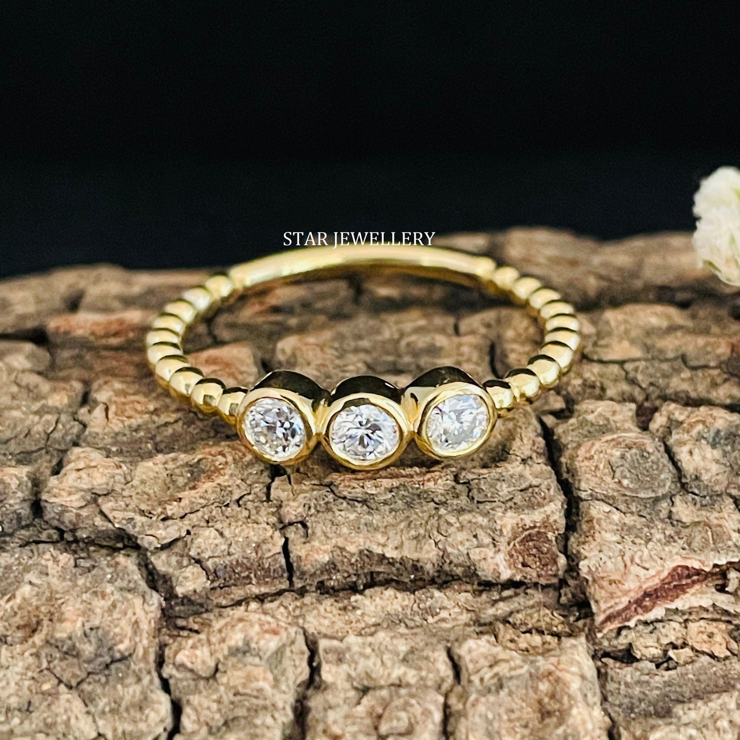 Bezel Set Three Stone Natural Diamond Beaded Shank Diamond Ring