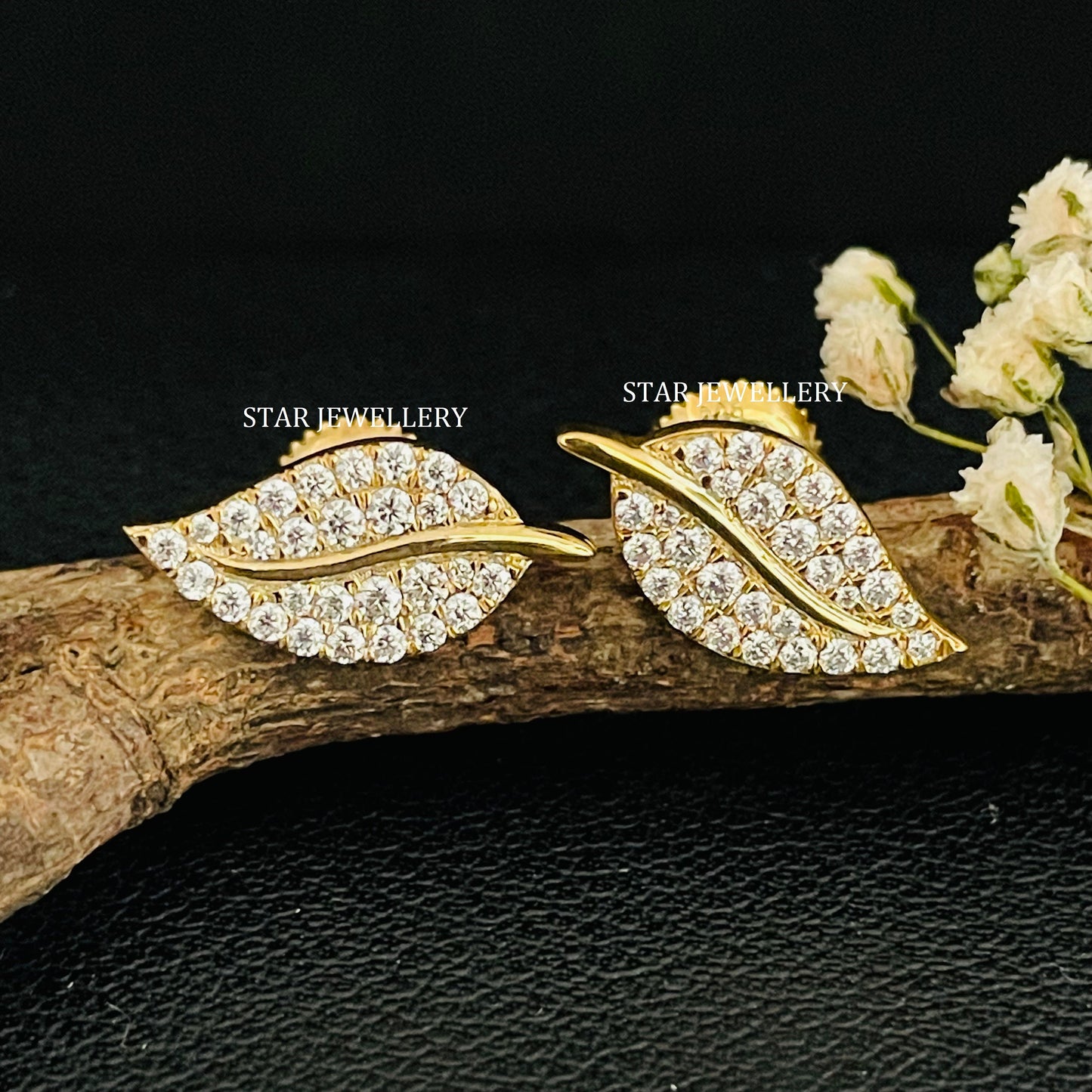 Natural Diamond Solid Gold Leaf Earring