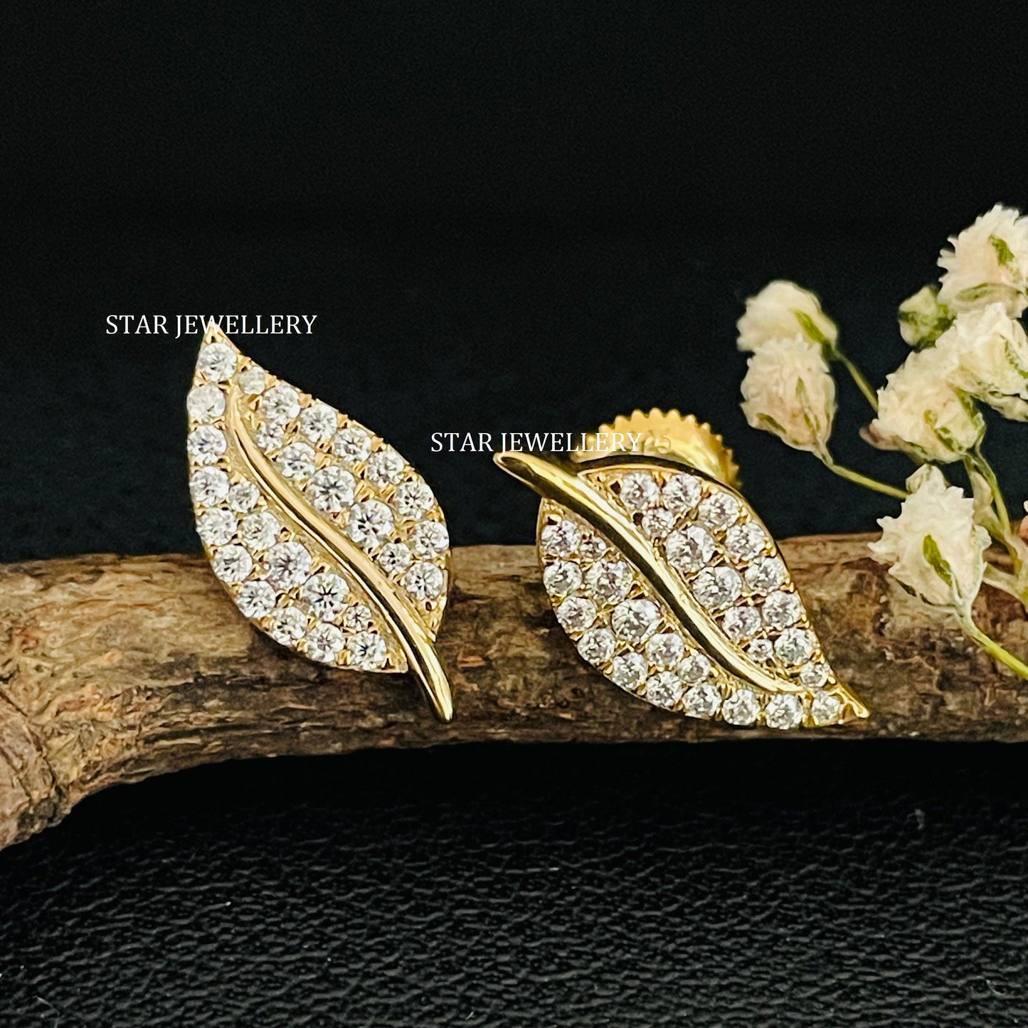 Natural Diamond Solid Gold Leaf Earring