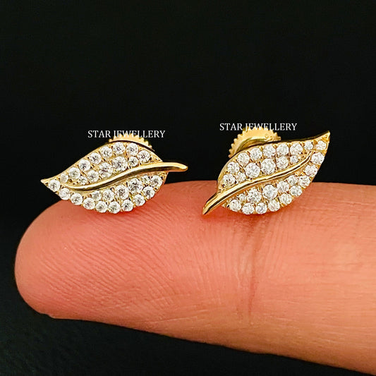 Natural Diamond Solid Gold Leaf Earring