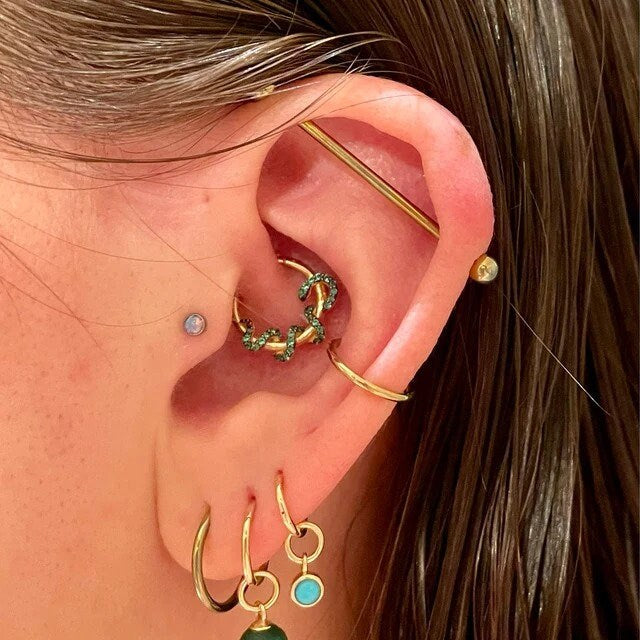 14K Solid Gold CZ Green Diamond Snake Daith Piercing