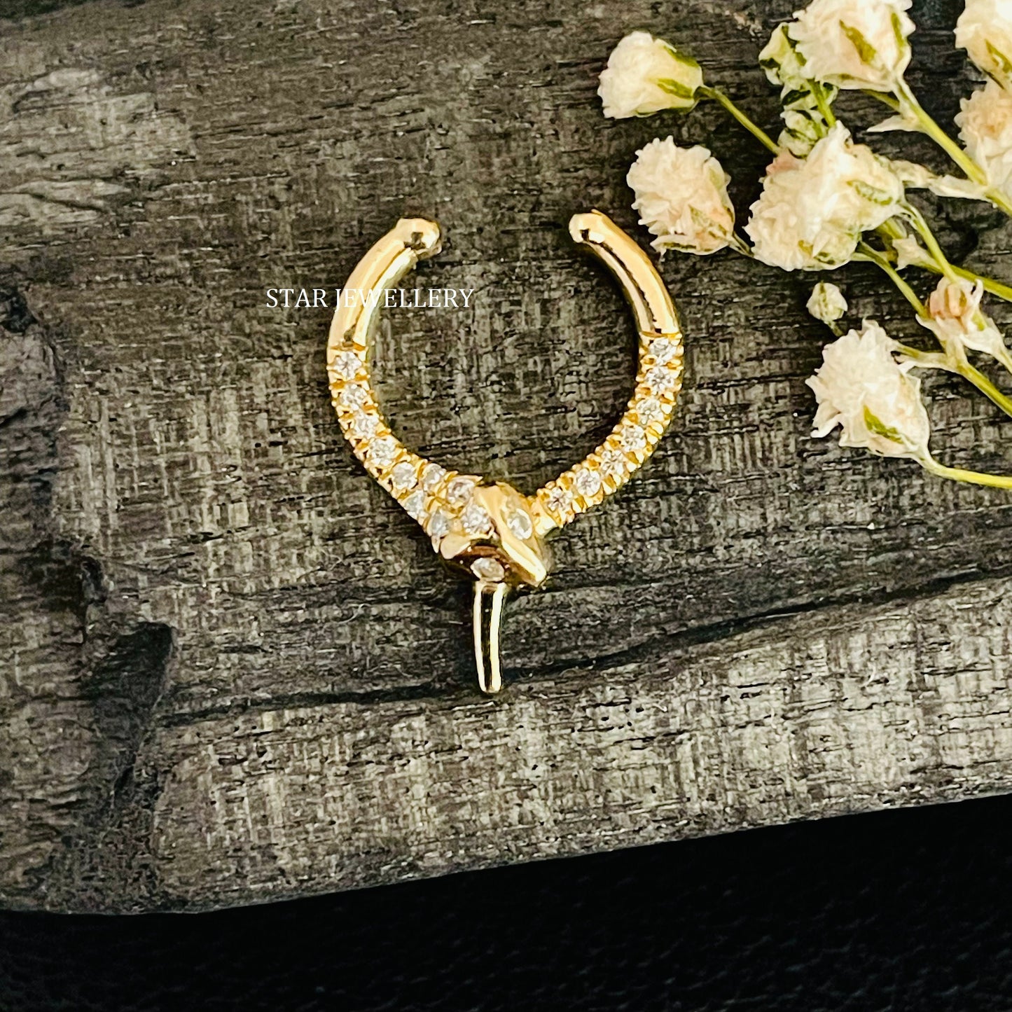 14K Solid Gold Diamond Snake Fake Daith Piercing