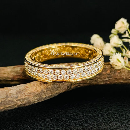 14K Solid Gold  Pave Set Two Line Lab Diamond Eternity Wedding Ring