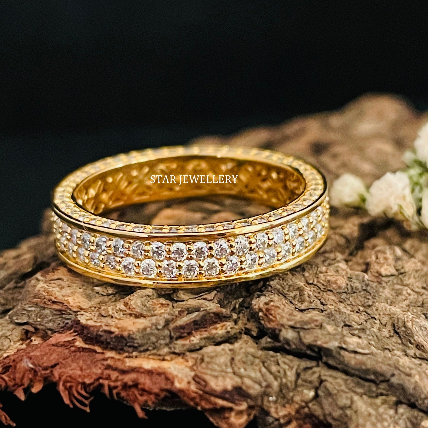 14K Solid Gold  Pave Set Two Line Lab Diamond Eternity Wedding Ring