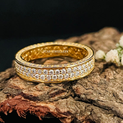 14K Solid Gold  Pave Set Two Line Lab Diamond Eternity Wedding Ring