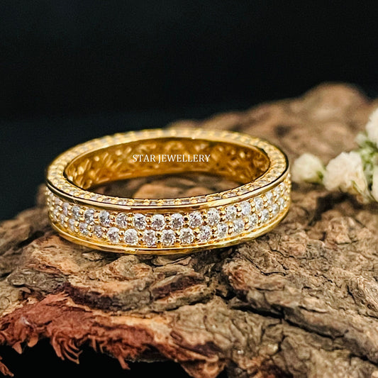 14K Solid Gold  Pave Set Two Line Lab Diamond Eternity Wedding Ring